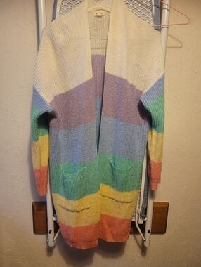 debut Cream Open-Front Cardigan with Pastel Rainbow Stripes